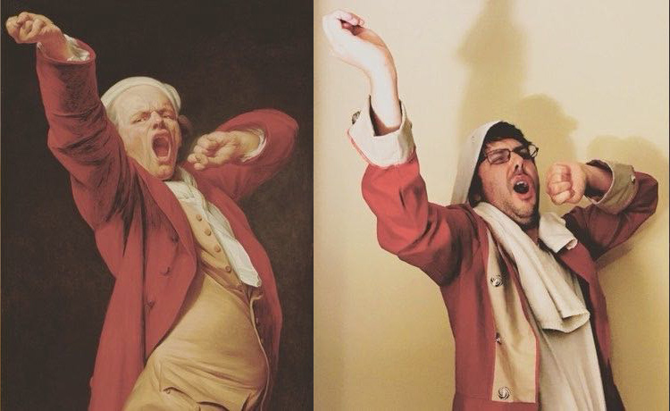 Self-Portrait, Yawning, by 1783, Joseph Ducreux. Oil on canvas, 46 3/8 x 35 3/4 in. The J. Paul Getty Museum, 71.PA.56. Re-creation on Instagram by Paul Morris with British redcoat and twisty towel